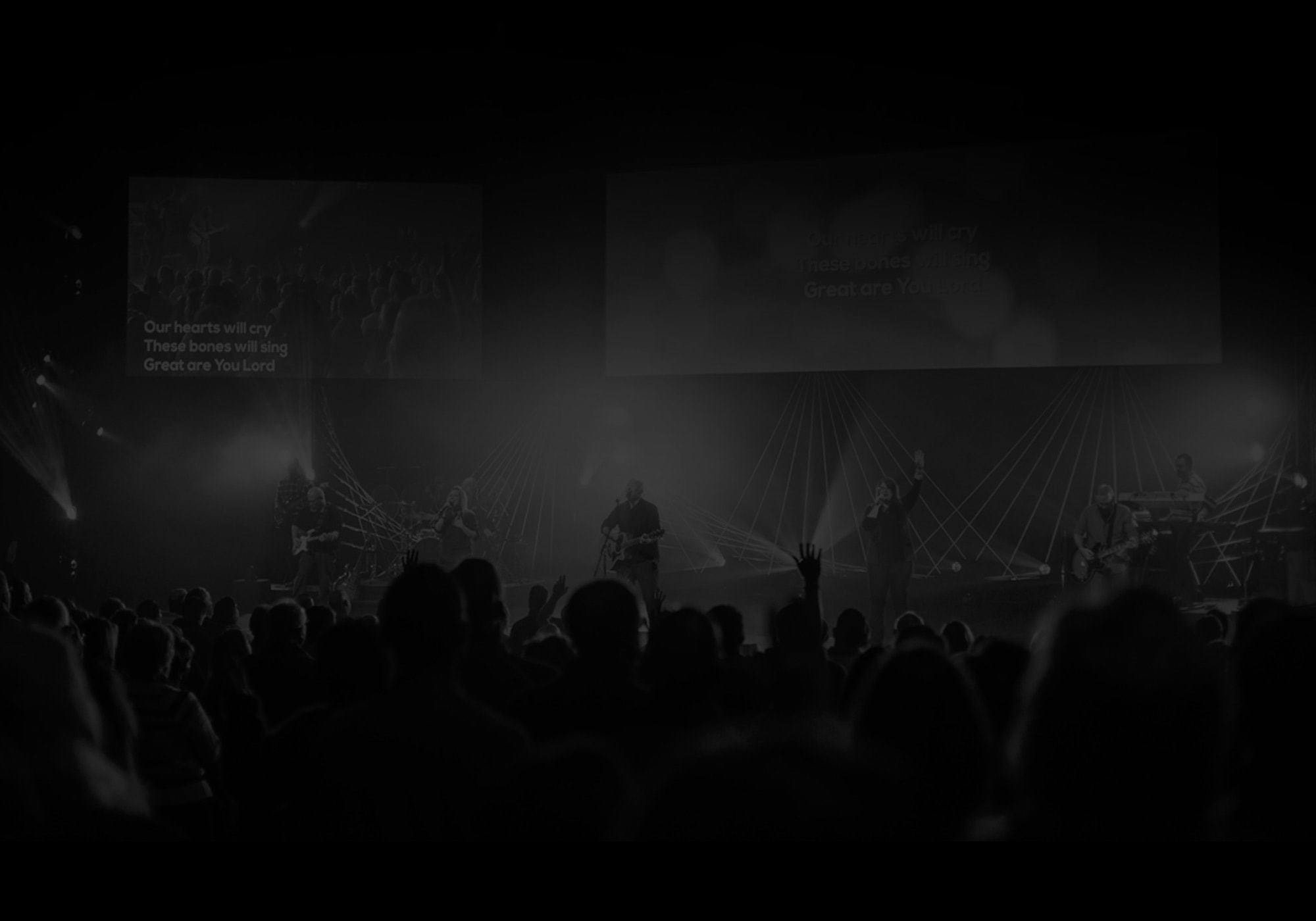 Worship band performing to large group of people